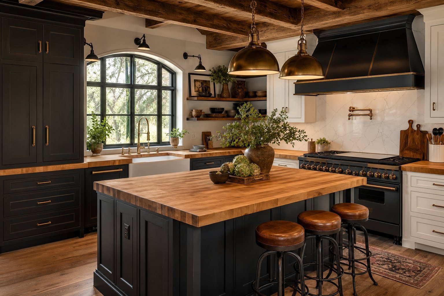 Black cabinet kitchen with butcher block island