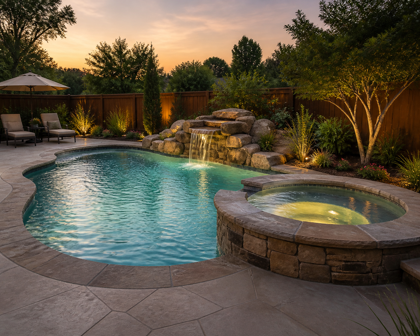 Pool with rock waterfall and spa